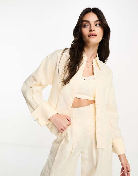 & Other Stories co-ord linen raw edge shirt with pearl detail in off white - view 1