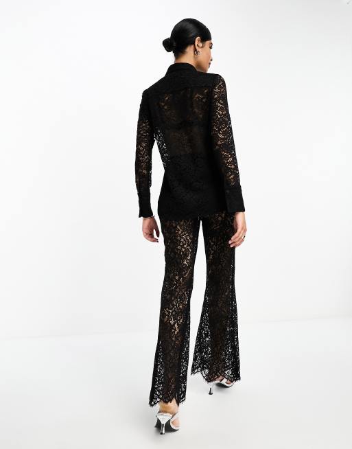 Black Lace Sheer Flare Leg Pants