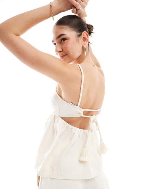 & Other Stories co-ord strappy raw hem cut out back top in white textured jacquard - view 1