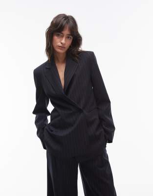 & Other Stories co-ord  stretch wool blend blazer with deconstructed panel detail in navy blue pinstripe - view 1
