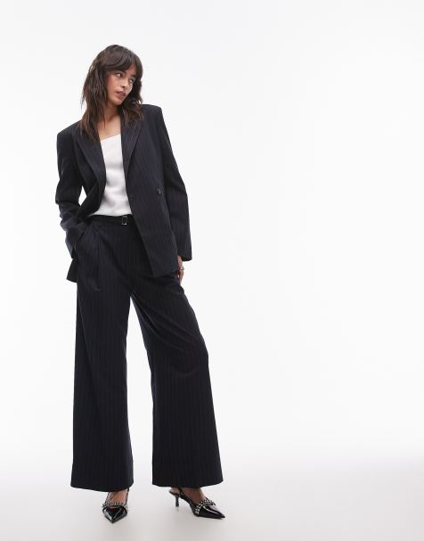 & Other Stories co-ord stretch wool blend  wide leg trousers in blue pinstripe - view 1