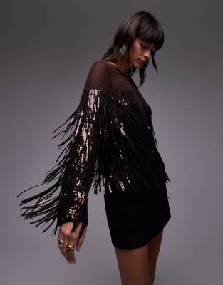 & Other Stories co-ord tassel fringe sequins top with sheer panels in wine - view 1