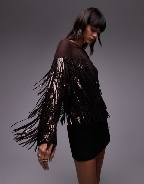 & Other Stories co-ord tassel fringe sequins top with sheer panels in wine