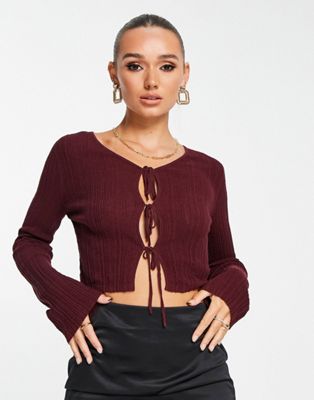& Other Stories co-ord textured  tie front cardigan in burgundy - ASOS Price Checker