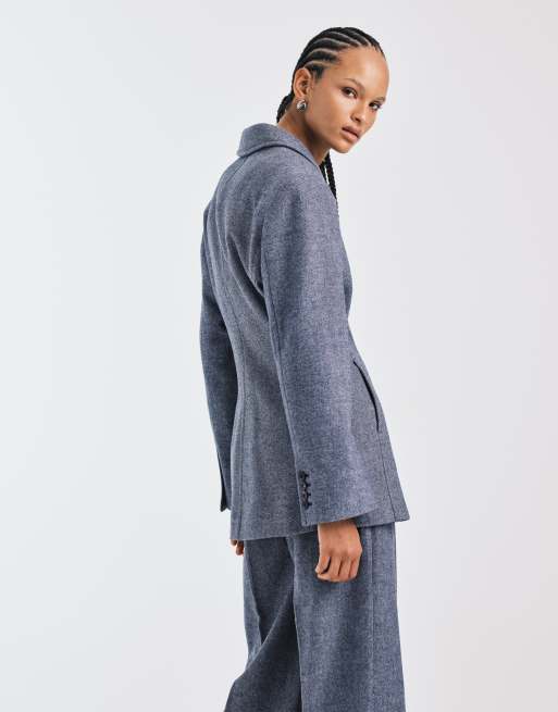 & Other Stories co-ord wool blend blazer with asymmetric cinch waist in dusty blue, 4 of 4