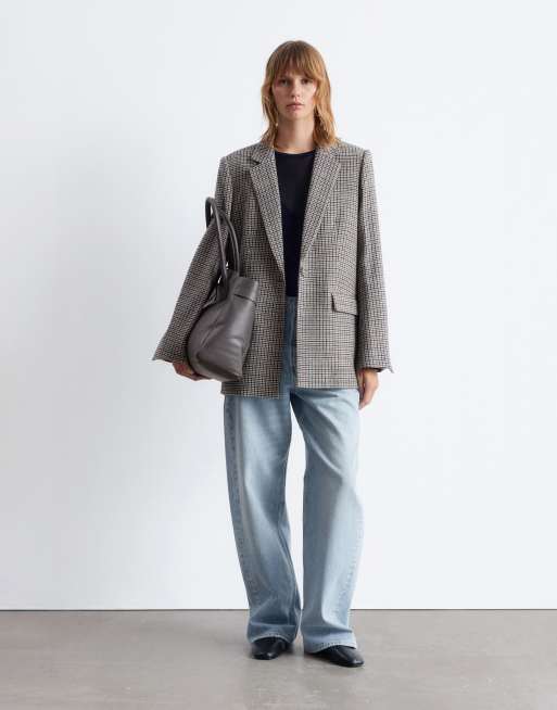 & Other Stories co-ord wool blend single breasted blazer  in dark beige check, 2 of 4