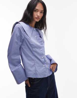 & Other Stories Collar Structured Blouse With Burgundy Stripes In Blue