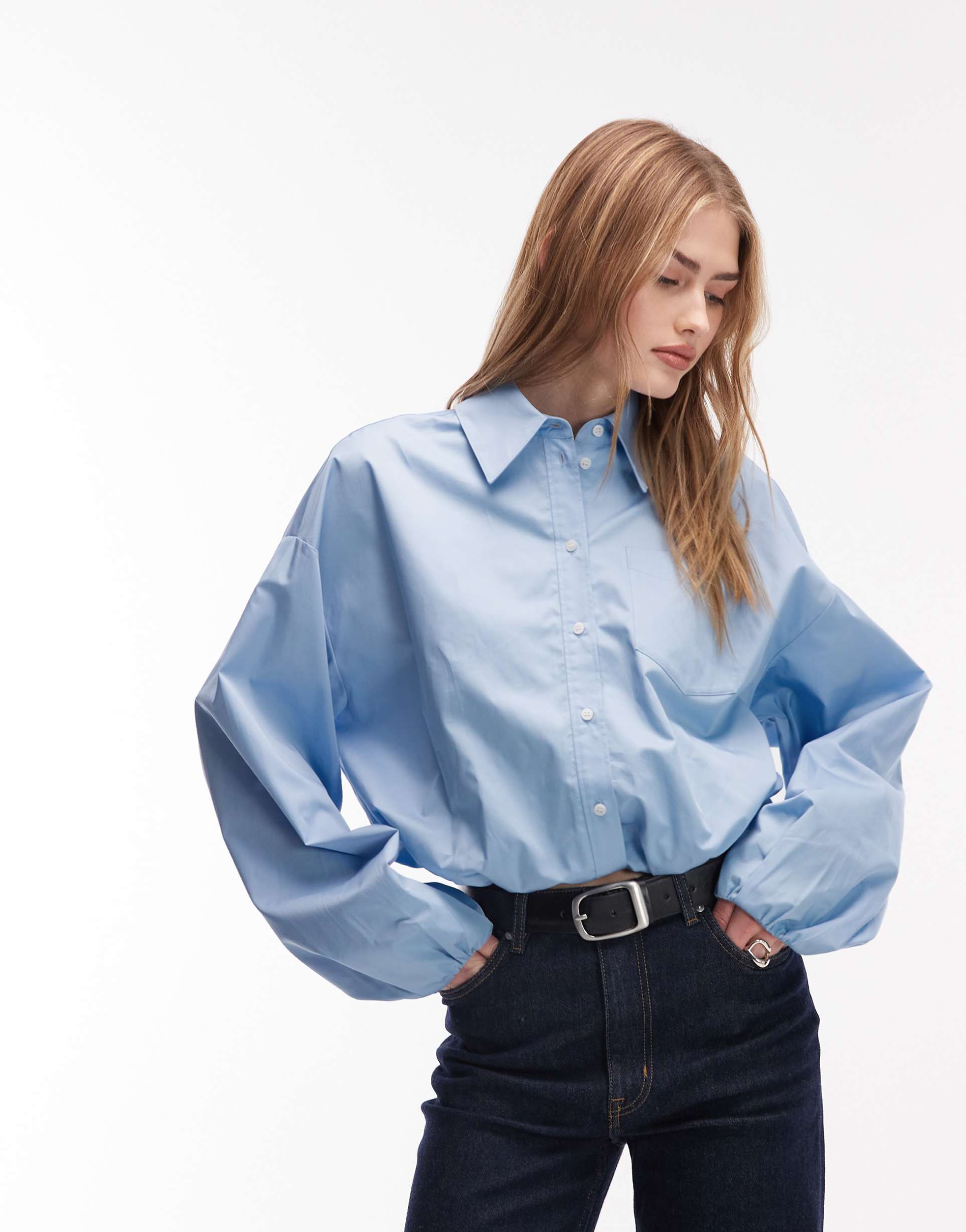 & other stories collared shirt with front elasticized drawstring waist in blue
