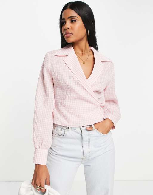 & Other Stories collared wrap blouse in pink check print | ASOS