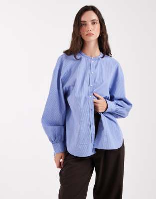 & Other Stories Collarless Check Shirt With Volume Sleeves In Blue