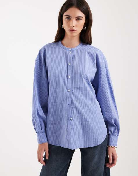 & Other Stories collarless check shirt with volume sleeves in blue check