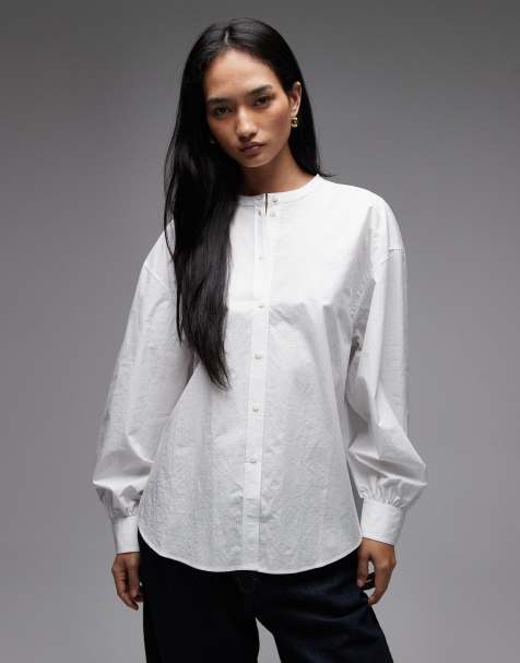 & Other Stories collarless poplin shirt with volume sleeves in white - view 1