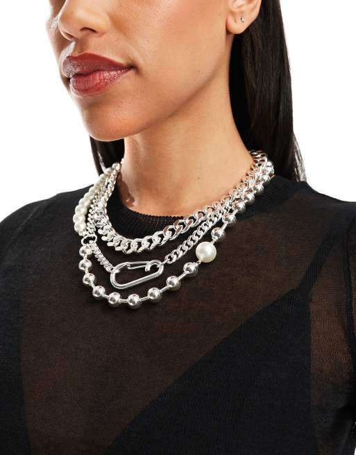 & Other Stories - Collier multi-rangs à maillons variés et perles nacrées - Argenté