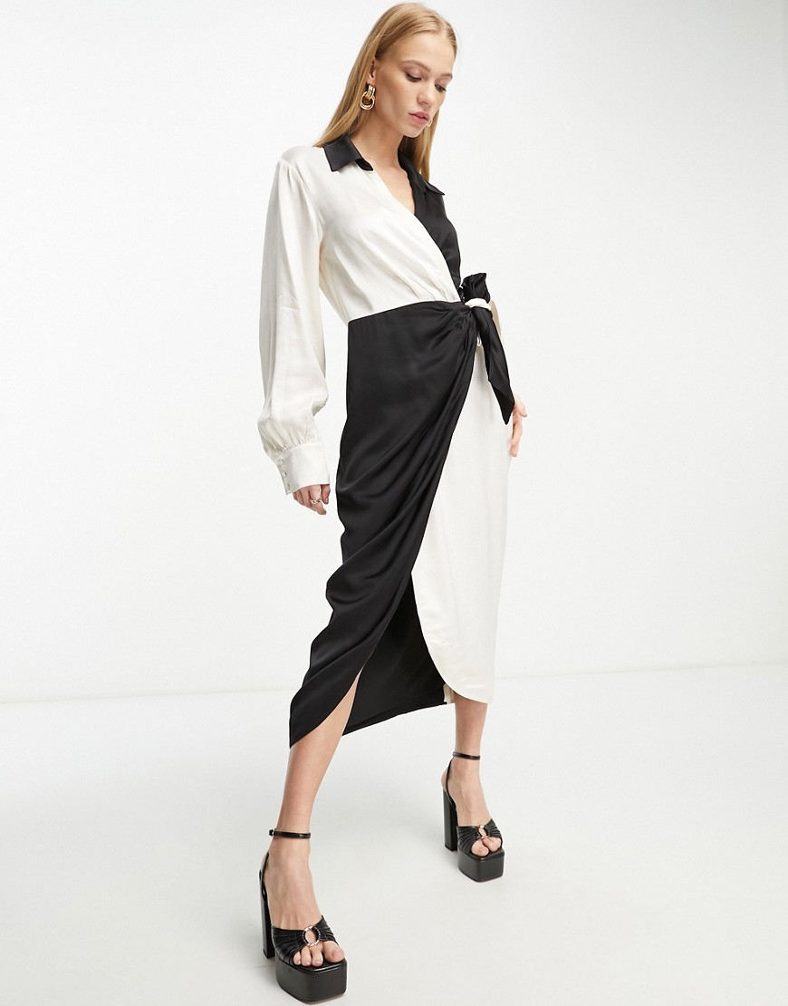 & Other Stories color block wrap midi shirt dress in black and white-Multi