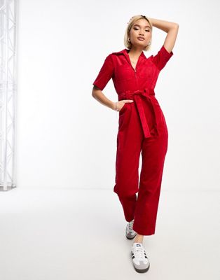 & Other Stories belted corduroy jumpsuit in red - ASOS Price Checker