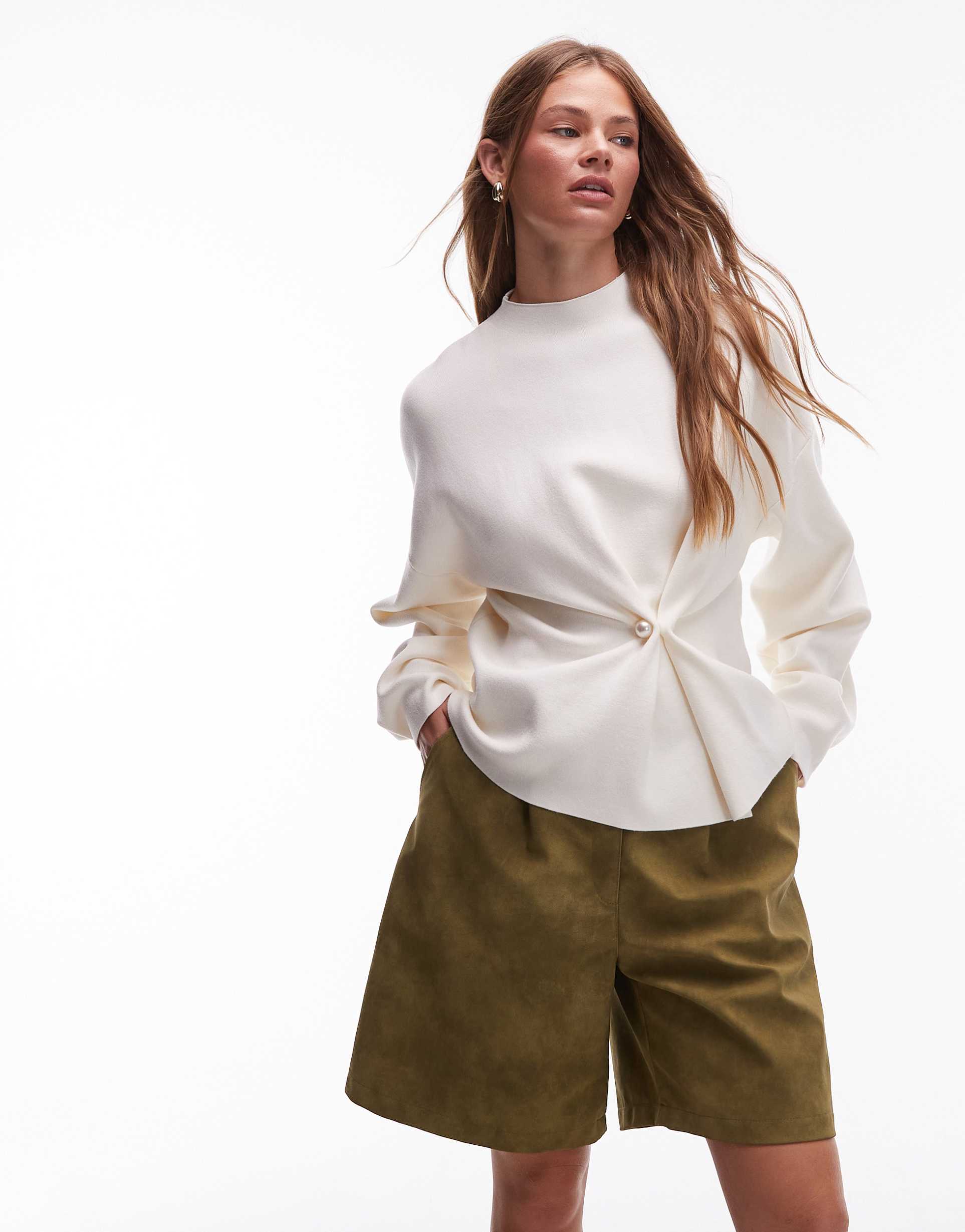 & other stories compact knit sweater with asymmetric gathered faux pearl detail in white