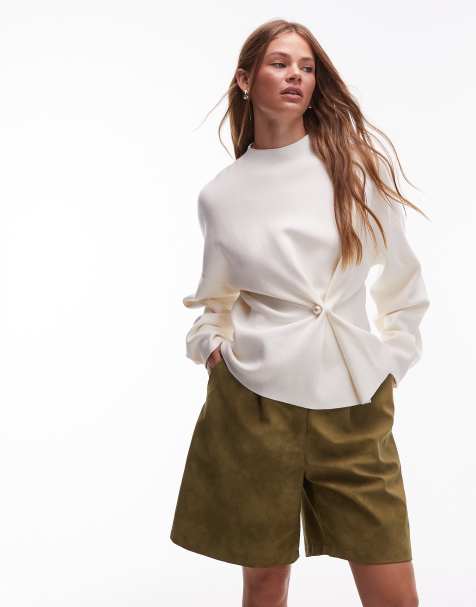 & Other Stories compact knitted  jumper with asymmetric gathered faux pearl detail in white - view 1