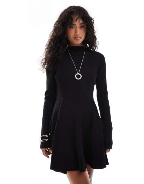 & Other Stories contoured rib knitted mini dress with flared hem in black - view 1