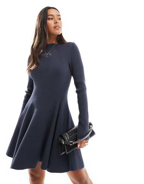 & Other Stories contoured rib knitted mini dress with flared hem in dark blue - view 1