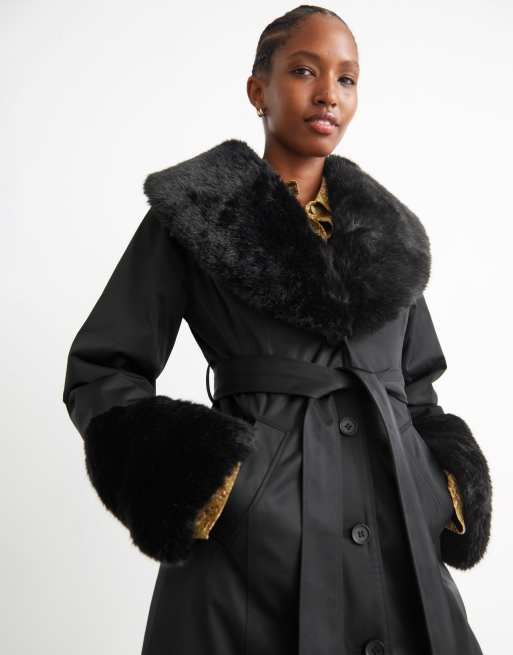 Contrast faux fur collar double layered hem clearance coat