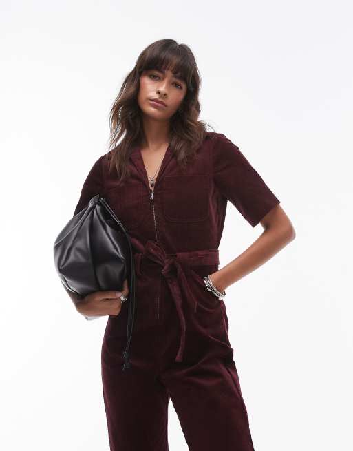 Other Stories Cord Jumpsuit in Burgunderrot mit Gurtel