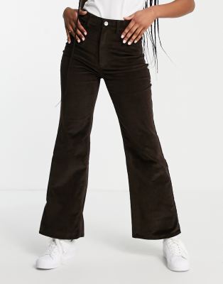 Dark Brown Cord High Waist Flared Trousers