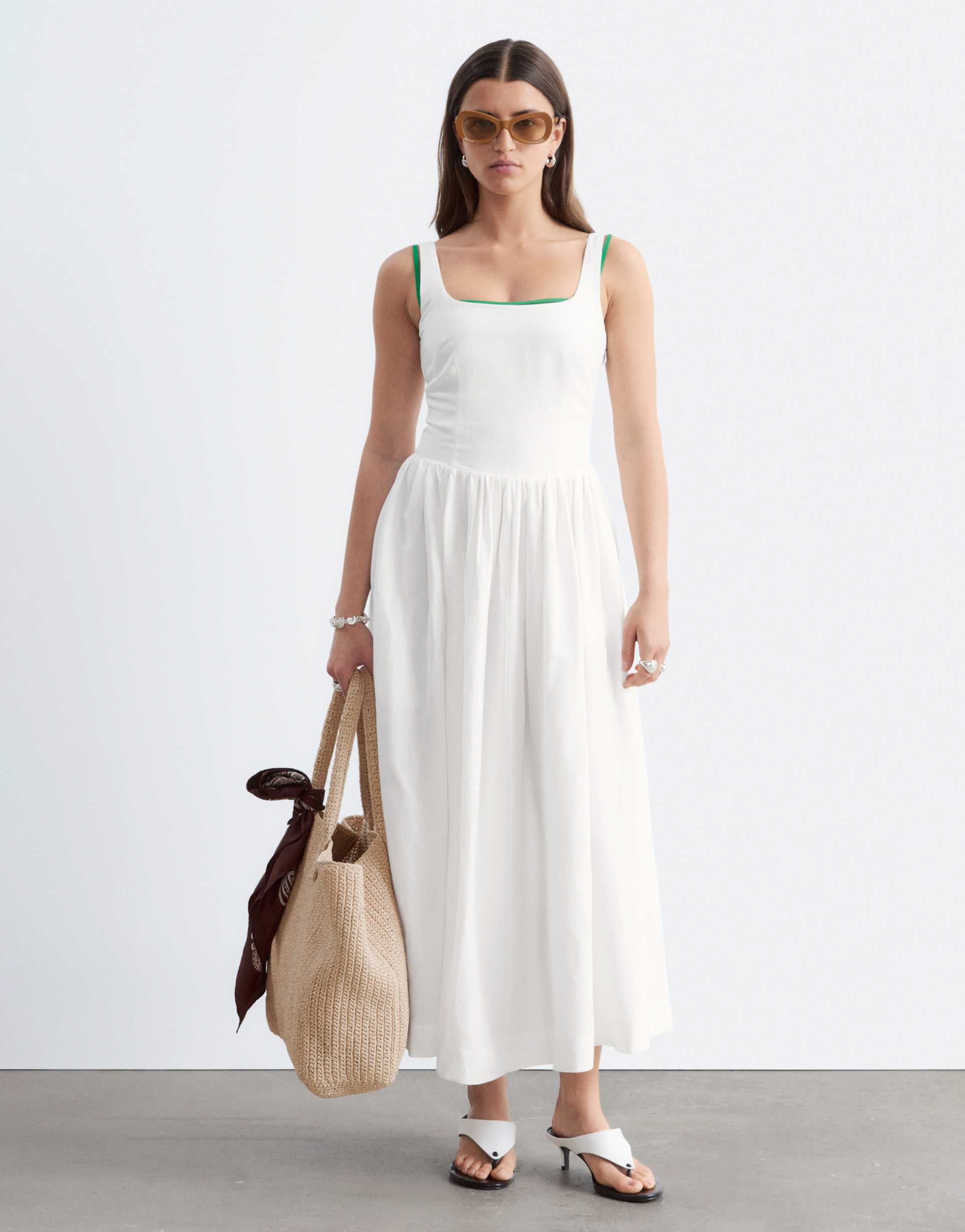& other stories corset detail midi dress with puff skirt in white