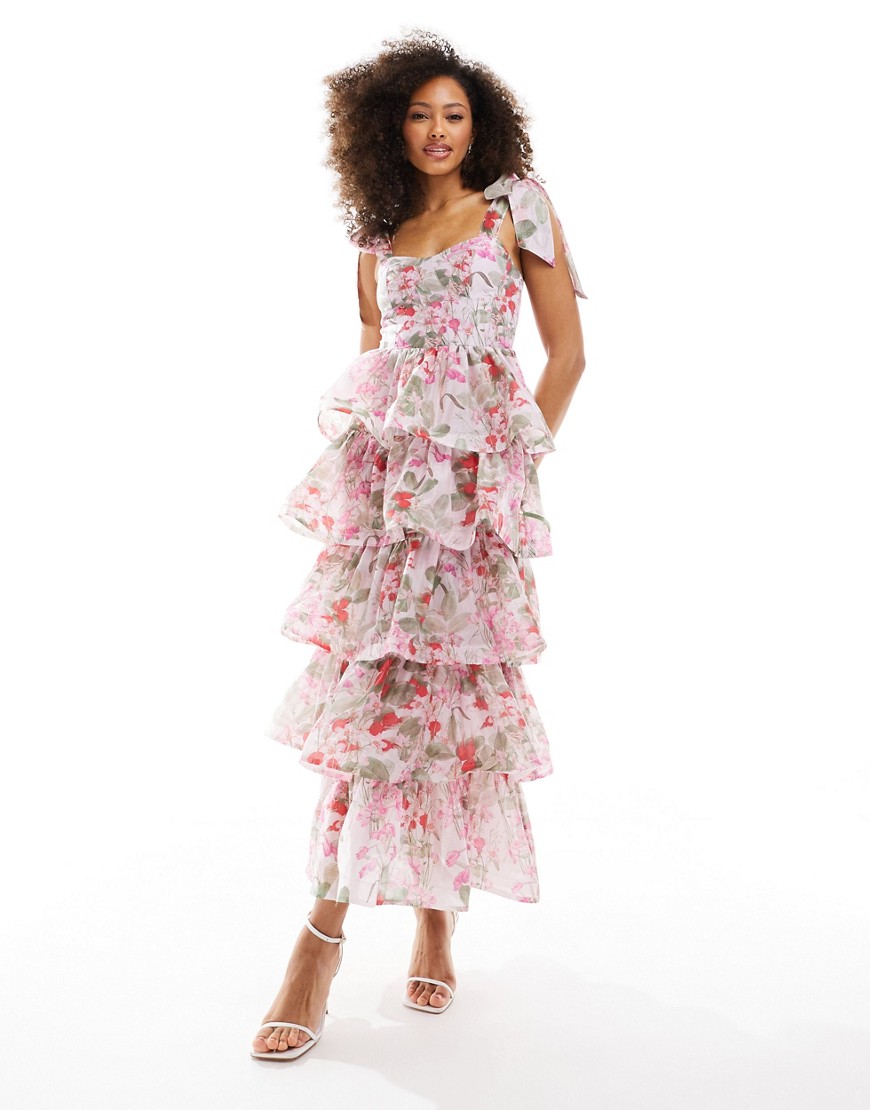 Other Stories &  Corset Front Tiered Maxi Dress In Floral Print-pink