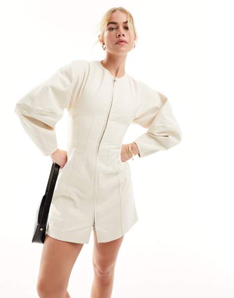 & Other Stories corset waist mini dress with zip front and sculptural sleeves in beige - view 1