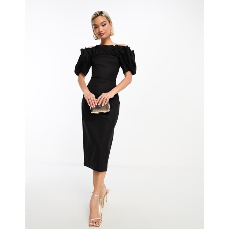 Other Stories corseted stretch midi dress with ruffle and volume