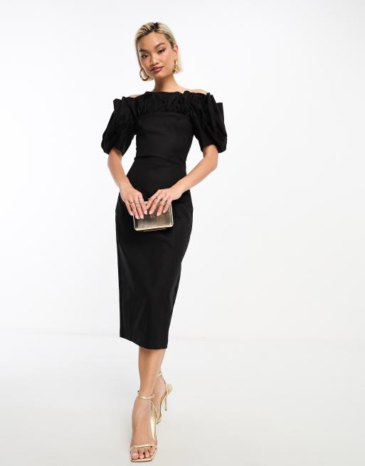 Other Stories corseted stretch midi dress with ruffle and volume sleeves in black ASOS