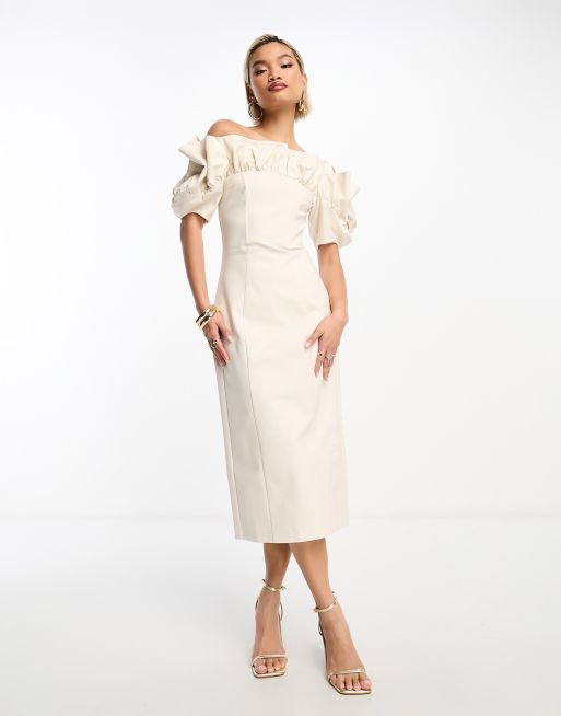 & Other Stories corsetted stretch midi dress with ruffle and volume sleeves in soft white