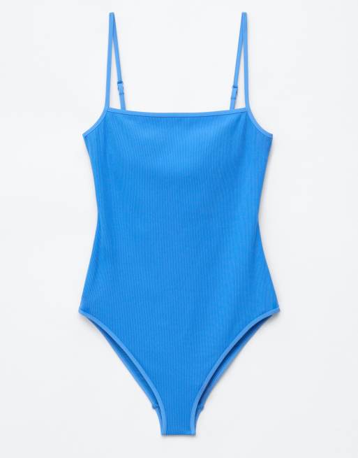 & Other Stories - Costume da bagno sgambato blu acceso a coste con scollo squadrato , 2 di 4