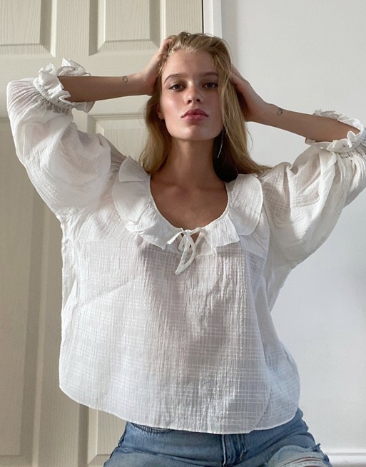 & Other Stories cotton balloon sleeve blouse in white