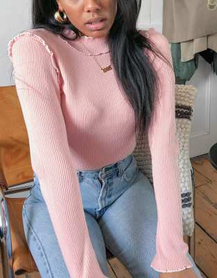 & Other Stories cotton blend and wool lettuce hem sweater in pink 