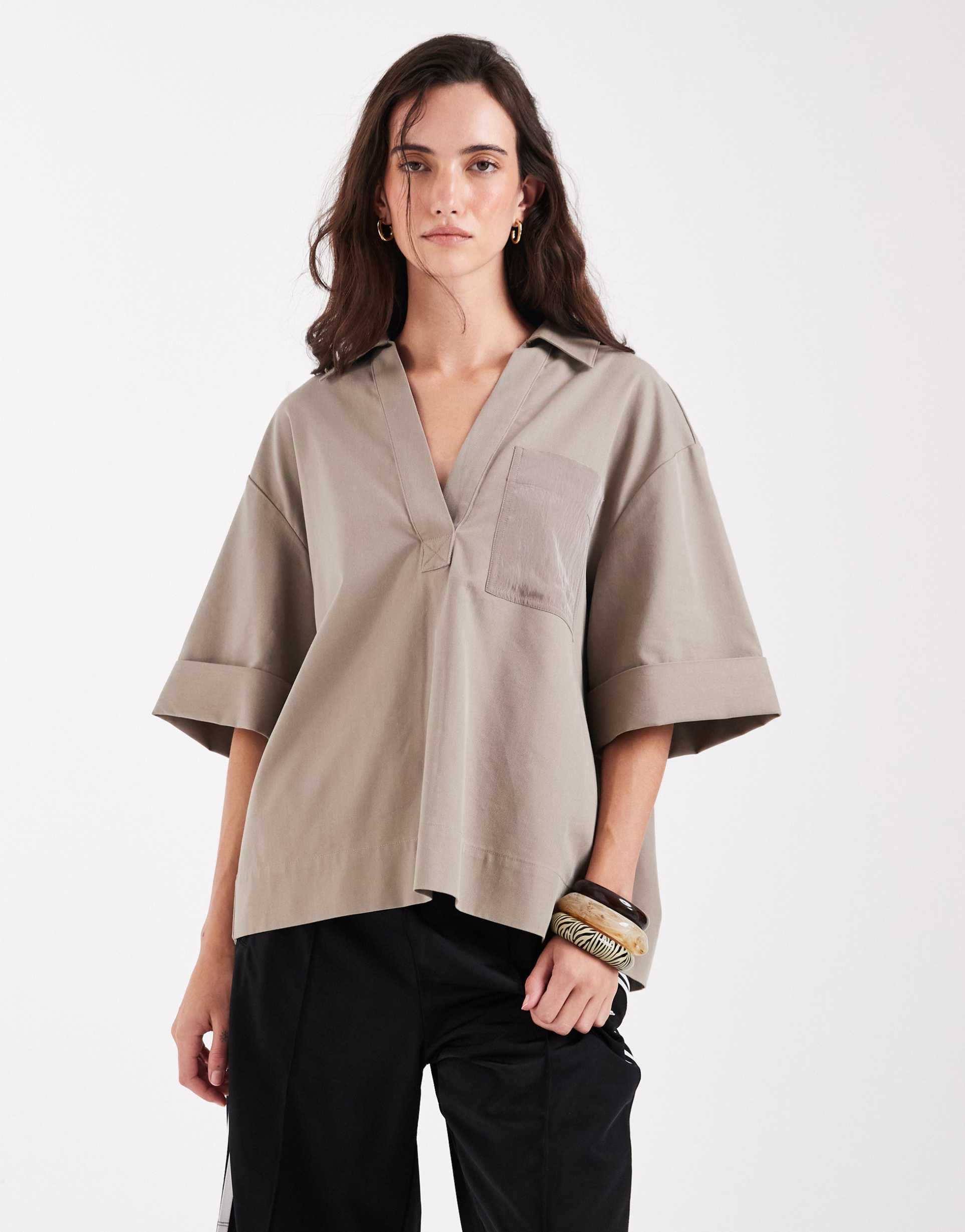 & other stories cotton blend over the head resort shirt in beige