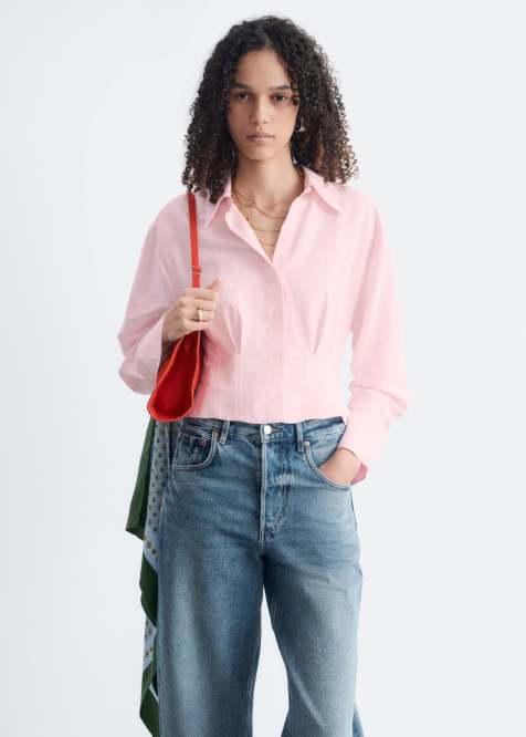& Other Stories cotton blend shirt with waist cinch detail in light pink - view 1