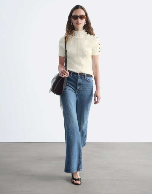 & Other Stories cotton blend short sleeve knit top with shoulder button detail in off white, 4 of 5