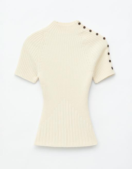 & Other Stories cotton blend short sleeve knit top with shoulder button detail in off white, 5 of 5