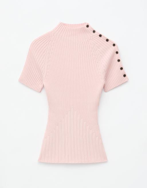 & Other Stories cotton-blend short sleeve knitted top with shoulder button detail in light pink, 4 of 4