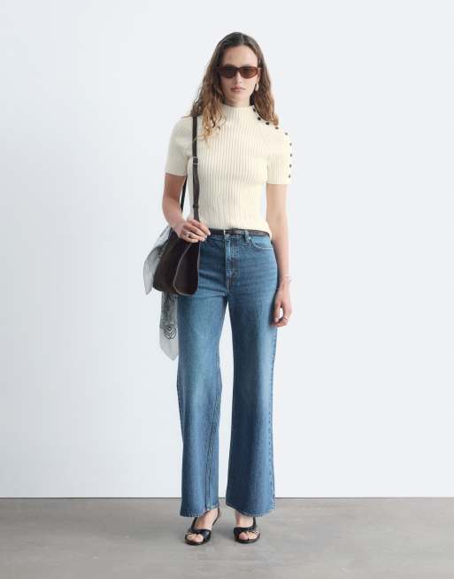 & Other Stories cotton blend short sleeve knitted top with shoulder button detail in off white, 2 of 5
