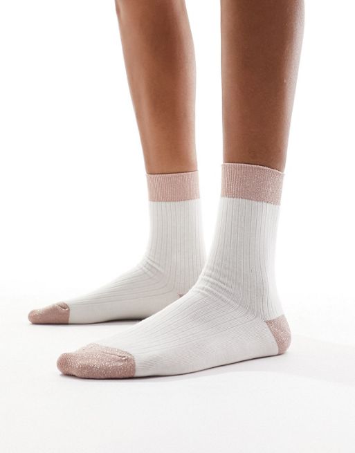 & Other Stories cotton blend socks in off white with soft pink metallic ...