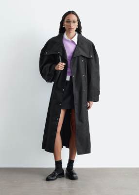 & Other Stories Cotton Blend Trench Coat With Structured Shoulder And Funnel Neck In Black