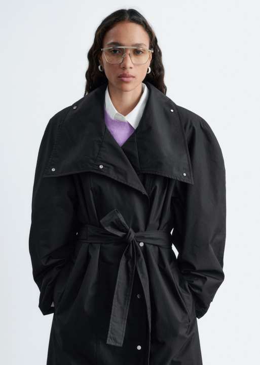& Other Stories cotton blend trench coat with structured shoulder and funnel neck in black, 2 of 4
