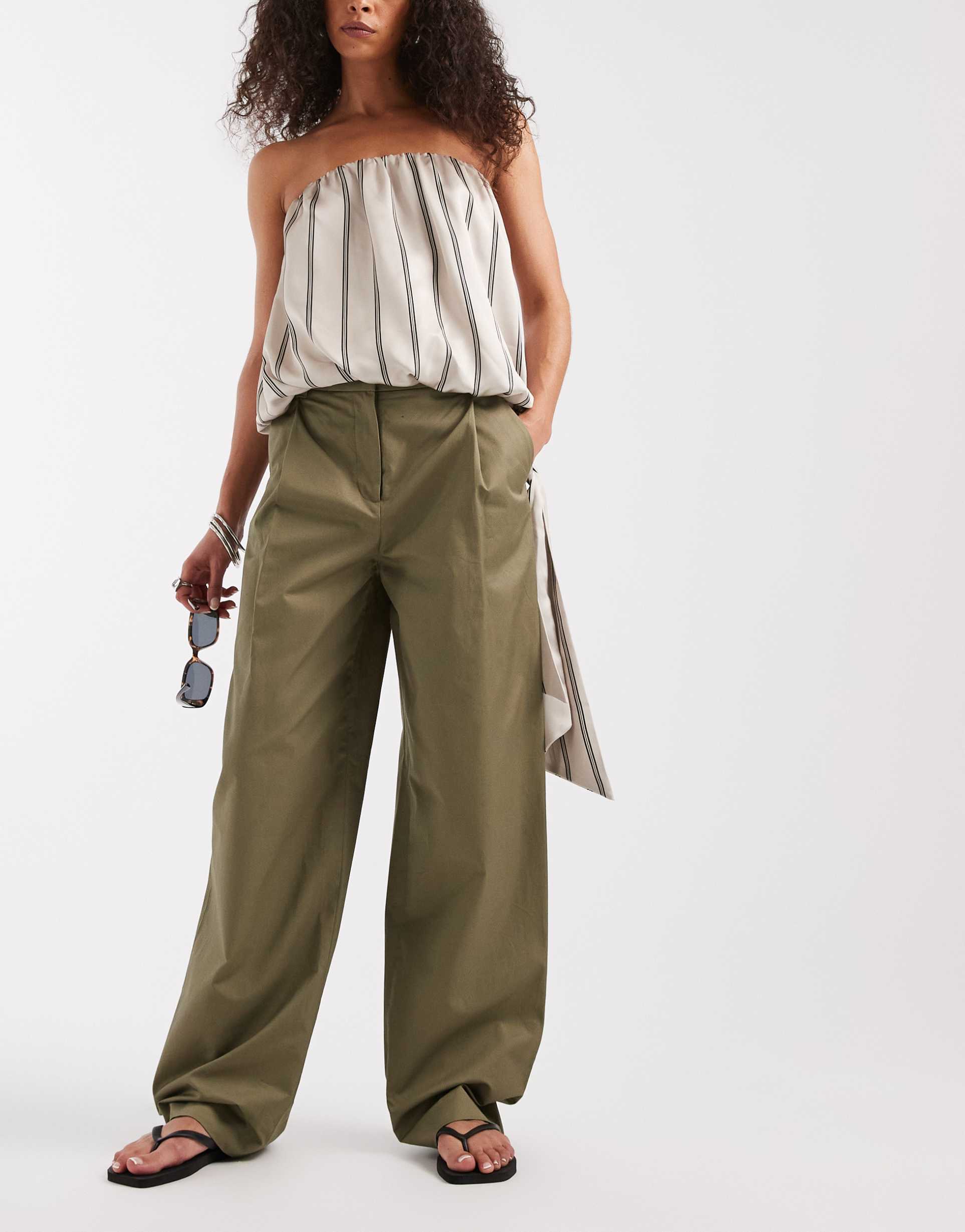 & other stories cotton blend wide leg pants with pleated detailing in khaki green