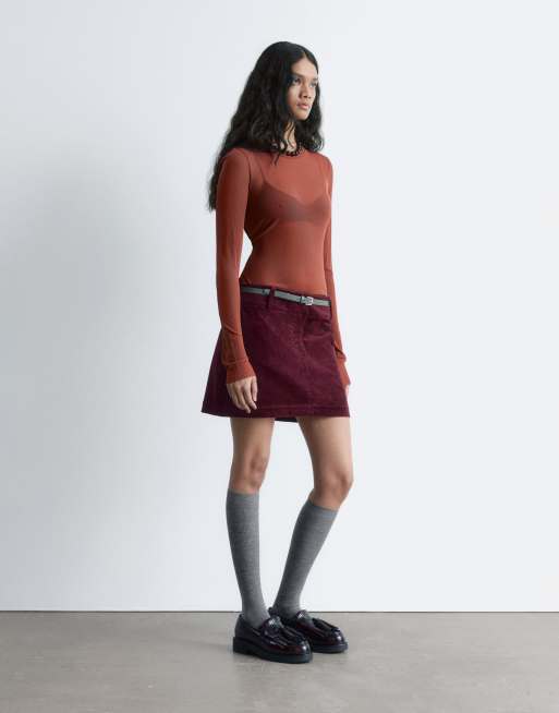 & Other Stories cotton corduroy mini skirt in burgundy, 3 of 4