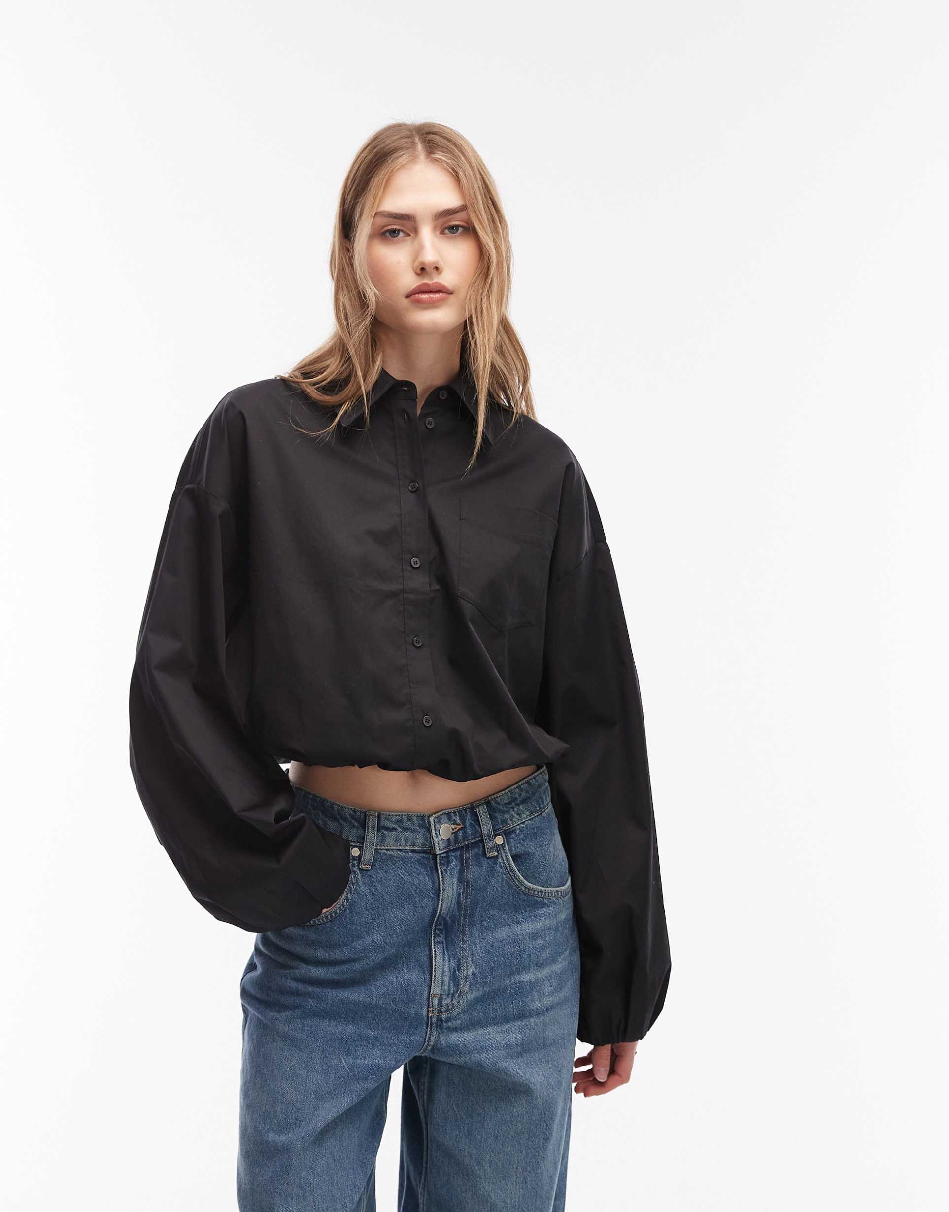 & other stories cotton cropped shirt with tie waist in black