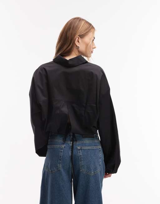& Other Stories cotton cropped shirt with tie waist in black, 4 of 4