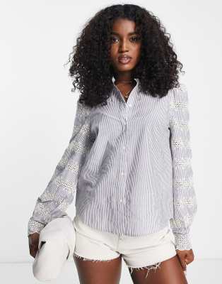 & Other Stories Cotton Embroidered Blouse In Blue Stripe - LBLUE | ASOS