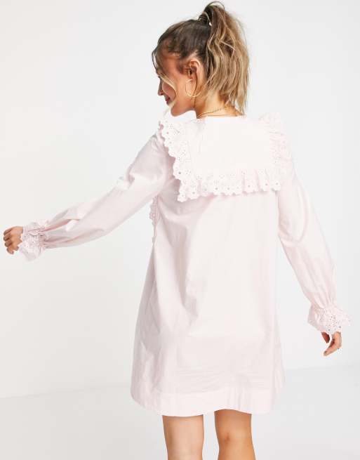 & Other Stories cotton frill embroidered mini dress in pastel pink - PINK, 2 of 4